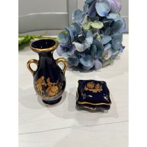 Limoges France Vase & Trinket Box Cobalt Gold Greek Decor‎ Set